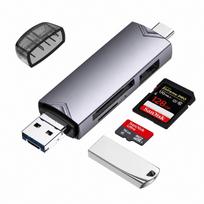 USB 3.0 aliuminis kortelių skaitytuvas 6-in-1, pilkas, su Type-C ir Micro USB jungtimis
