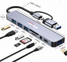 USB-C 8in1 adapteris, 4x USB, atminties kortelių skaitytuvas, SD, microSD, USB-C PD, lizdas