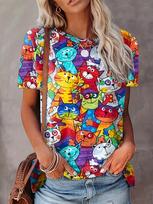 Vibrant Multi-Color Women's Tee - Playful Cartoon Cats Graphic, Cheerful Cat Print Design for Casual Daily Wear S blue