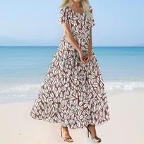 Women's Summer Casual Floral Print Short Sleeve O Neck High Waist A Line Tiered Flowy Boho Maxi Dress XL raudona