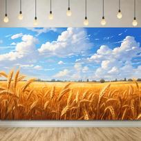 Auksinis Kviečių Laukas Dangus Debesys Kaimo Apylinkės Gobelenas Sodybos Stiliaus Namų Dekoras Šiltas Derliaus Sezono Peizažo Tapyba Sieninė 150x100cm(60x40in) blue