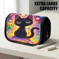Double Layer Large Pencil Case, Vibrant Printed Pencil Pouch with Cosmic Black Kitten Design, Fashion Storage Bag, Portable Pencil Case with Zipper, D 20x9x11cm black