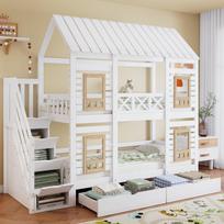 Bunk Bed, Color-Contrasted Fall Guardrail, with Window, Two Drawers with Casters, Staircase with 4 Compartments, Pine+MDF, White+Natural, 90x200cm 254 x 95 x 230 cm
