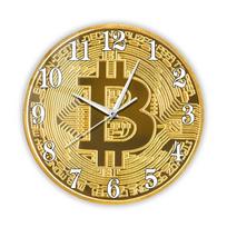 Bitcoin simboliu margintas sieninis laikrodis su LCD ekranu Auksinė moneta Kriptovaliutos dekoras Tylus laikrodis Amžinas kalendorius Temperatūra brown