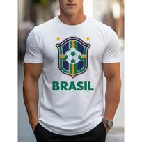 European sizes Black T Shirt Brazil Football Crest And Soccer Ball Print for Men Casual Wear Sports Fan Apparel 2XL balta