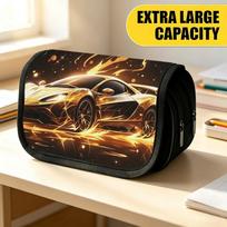 Double Layer Large Pencil Case, Vibrant Printed Pencil Pouch with Golden Lightning Sports Car Design, Fashion Storage Bag, Portable Pencil Case with Z 20x9x11cm brown