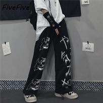 FiveFive Juodos Harajuku Spausdintos Anime Sportinės Kelnės Vyrams Gatvės Drabužiai Plačiakojės Didelio Dydžio Kelnės Laisvos Kasdienės Sportinės Tiesios Kelnės Vyrams S gray