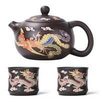 Tea Pot Hand-made Dragons Phoenixs Color-changing Purple Clay Teapot Easy Cleaning Gongfu Teapot Gift Idea for Tea Lover Tea Cup Set gray
