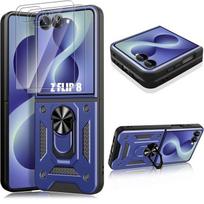 Case + 2 Tempered Glasses for Samsung Galaxy Z Flip 8, Hard Bumper with Stand - Navy Blue mėlyna