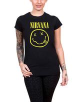 Nirvana T-shirt Classic Face Logo Official Womens New Black Skinny Fit Size 12 M beige