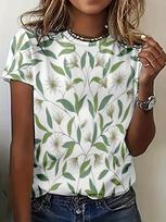 The ladies' T-shirt with green leaves and floral patterns is suitable for daily casual wear. XL gray