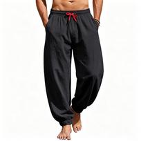 Men's Black Loose Fit Jogger Pants, Elastic Waist & Red Drawstring. Lightweight Breathable Harem Trousers for Summer Beach Yoga S juoda