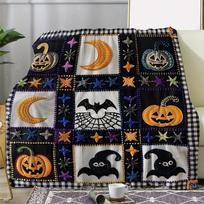 Cozy Vintage Halloween Pumpkin And Bat Embroidered Throw Blanket - Soft, Warm Flannel for Couch, Bed, Office, And Travel - Versatile All-Season Comfor 100X130CM gray
