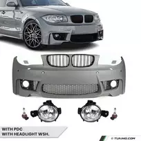 1M išvaizdos Priekinis Bamperis skirtas BMW E81 / E82 / E87 / E88, su PDC ir apiplovimų angomis, su priešrūkiniais