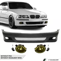 Priekinis M Bamperis skirtas BMW E39, be PDC, be apiplovimų angų, su geltonais priešrūkiniais