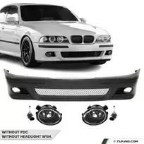 Priekinis M Bamperis skirtas BMW E39, be PDC, be apiplovimų angų, su skaidriais priešrūkiniais