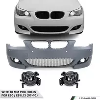 M look Priekinis Bamperis skirtas BMW E60 / E61 LCI (07-10) su 18 mm PDC angomis, su skaidriais priešrūkiniais