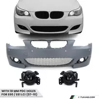 M look Priekinis Bamperis skirtas BMW E60 / E61 LCI (07-10) su 18 mm PDC angomis, su tamsintais priešrūkiniais