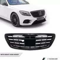 S65 išvaizdos Priekinės Grotelės skirtos Mercedes-Benz W222 (13-20) su Night View Assist, juodos blizgios
