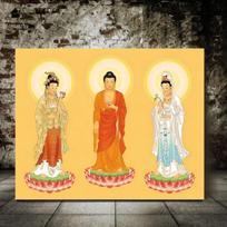 Three Saints Buddha Oil Canvas: Amitabha, Guanyin, Pine Wood Frame 10x15 beige