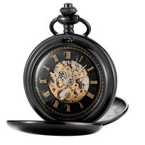 Unique Black Silver Pocket Watch Mechanical Hand-winding Fob Watch Smooth Case Roman Numerals Dial Retro Clock Chain Pendants juoda