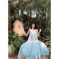French Dopamine Fairy Seaside Vacation Blue Gradual Change Suspender Dress Female Flower Lace-up Long Dress One Size beige
