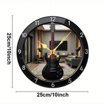 2D Flat Electric Guitar-Shaped Wooden Round Silent Hanging Wall Clock, For Living Room,Office,Study Room,Bedroom,Home Decoration 10 inch gray