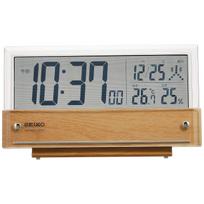 Seiko laikrodis stalo žadintuvas radijo valdomas skaitmeninis kalendorius temperatūros drėgmės rodymas skaidrus LCD šviesaus medžio rašto korpusas dydis gray