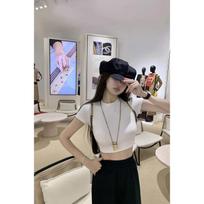 Sweet and spicy style open navel short-sleeved T-shirt women's summer new American front shoulder short Spice Girl white bottom top M