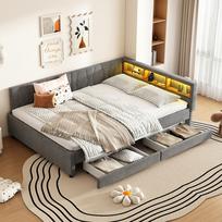Sofa-lova, 140x200cm, Sandėliavimo skyrius lovoje, USB+Type C, Su LED juostele, Lova su dviem stalčiais, Lamelių rėmas (be čiužinio), Linas, Pilka 210 x 145 x 70.5 cm pilka
