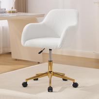 002-Modern Office Swivel Chair made of Teddy Fabric, height-adjustable, 360 degrees rotatable, with golden legs, for office and home office White 58 x 58 x 86 cm