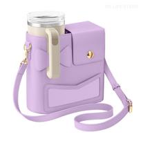Leather Water Bottle Carrier Bag For Stanley Cup 40 oz Outdoor Tumbler Bag Water Bottle Holder Women Crossbody For Thermo Bottle violetinė