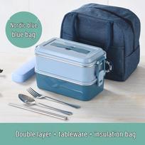 Blue 304 Stainless Steel Double-Layer Sealed Bento Box with Cutlery & Bag gray