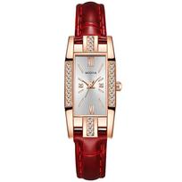 With Diamond Luxury Bracelet Wrist Leather Strap Women Square Wristwatch Ladies Quartz Watch raudona