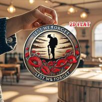 D Flat pc Lest We Forget Memorial Day Decoration  Vintage Soldier  Red Poppies Metal Tin Sign Round Aluminum Wall Art 20x20cm(8x8inch) beige