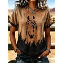 Women's T Shirt Print Graphic Geometric Tribal Bohemia Vintage Stylish Short Sleeve Crew Neck Regular Tops Casual Daily S brown
