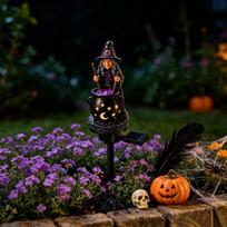 Creative Holiday Gift for Her Solar Witch Statue with Glowing Cauldron, Outdoor Halloween Garden Light, Magic Potion Cauldron Resin Decorative A black