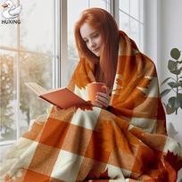 12D Digital Print Autumn Orange & White Plaid Maple Leaf Flannel Blanket - Suitable for Sofa Throw, Bedspread, Office Cover - Machine Washable Cozy Be 75X95CM white