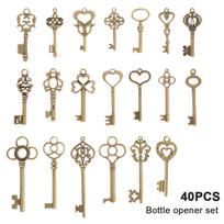 40pcs Key Bottle Opener Copper Color Skeleton Key Beer Opener with Personalized Sticker Cards gift for Wedding Engagement Party beige