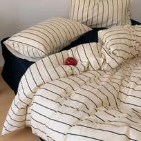 Ins Dopamine Korean Striped Washed Cotton Four-piece Bedding Set Cream Style Bed Sheet Quilt Cover Three-piece Set 150x200cm 3pcs gray