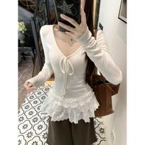 White V-Neck Lace Trim Long-Sleeved T-Shirt with Tag Medium balta