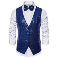 Vyriškos liemenės lanko rinkinys Blizgantis blizgučiai be rankovių, Slim Fit Cardiagn, vienaeilis V kaklo scenos šou „Emcee Performance“ vyrų liemenė M mėlyna