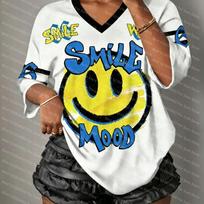 Dopamine Color Smile Face Print Plus size T-Shirt Women V-Neck Mesh Casual Streetwear Tops Casual Summer Women  Y2K T Shirt S yellow