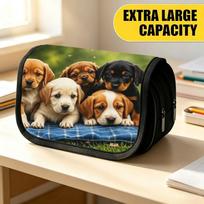 Double Layer Large Pencil Case, Vibrant Printed Pencil Pouch with Puppy Grassland Photo Design, Fashion Storage Bag, Portable Pencil Case with Zipper, 20x9x11cm black