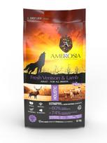 AMBROSIA begrūdis su ėriena ir šviežia elniena sausas maistas šunims, grain-free Lamb & Fresh Venison 12 kg