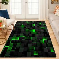 3D žalias juodas kubo formos kilimas – Technologinio geometrinio rašto kilimas – Minkštas neslystantis grindų kilimėlis žaidimų kambariui, svetainei ir biurui 50cm x 80cm