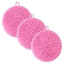 Silicone Dishwashing Scrubber Pads Set of 3 Reusable Round Soft Bristle Cleaning Sponges for Kitchen Bathroom rožinė