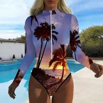 Women Long Sleeve One Piece Swimsuit Zip Front  Island Coconut Tree Print Rash Guard Surfing Bathing Suit XS violetinė