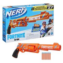 Hasbro Nerf Fortnite 6-SH Blaster with 6 Official Nerf Elite Darts, 6-Dart Rotating Drum, Hammer Action, Camo Pulse Wrap, Fortnite Gift brown