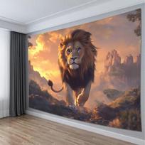 2D Epic Sunset Lion Savanna Tapestry Majestic Wild Animal Wall Decor Cloth for Home & Bedroom 47.2x31.5inch/120*80cm beige